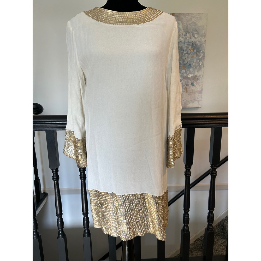 Candela White Viscose Gold Sequin Trim Shift Dress Size 8 Cocktail Party